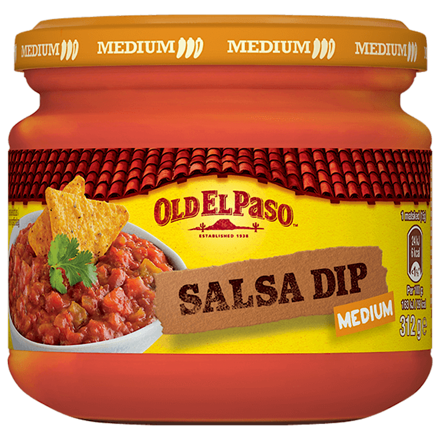 en glasskrukke med Old El Paso medium salsa dip, 312g